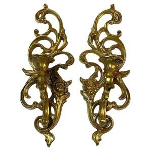 PAIR OF VINTAGE Hollywood Regency HOMCO GOLD WALL CANDLE SCONCES